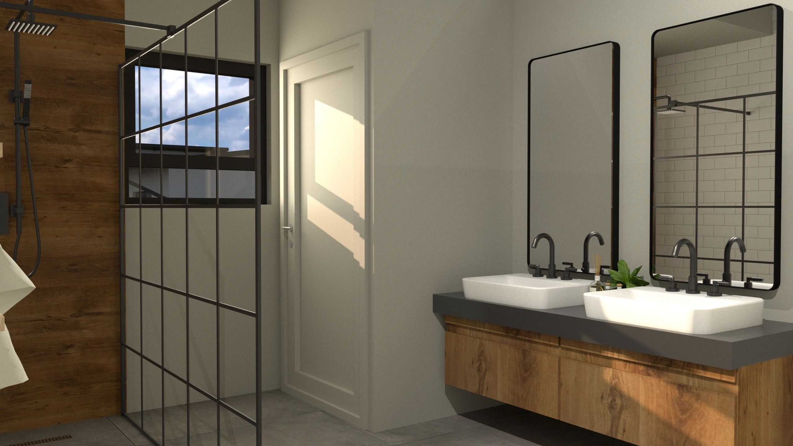 Natural wood, paired basins and a black-framed partition bring warmth and definition to a bathroom concept.
