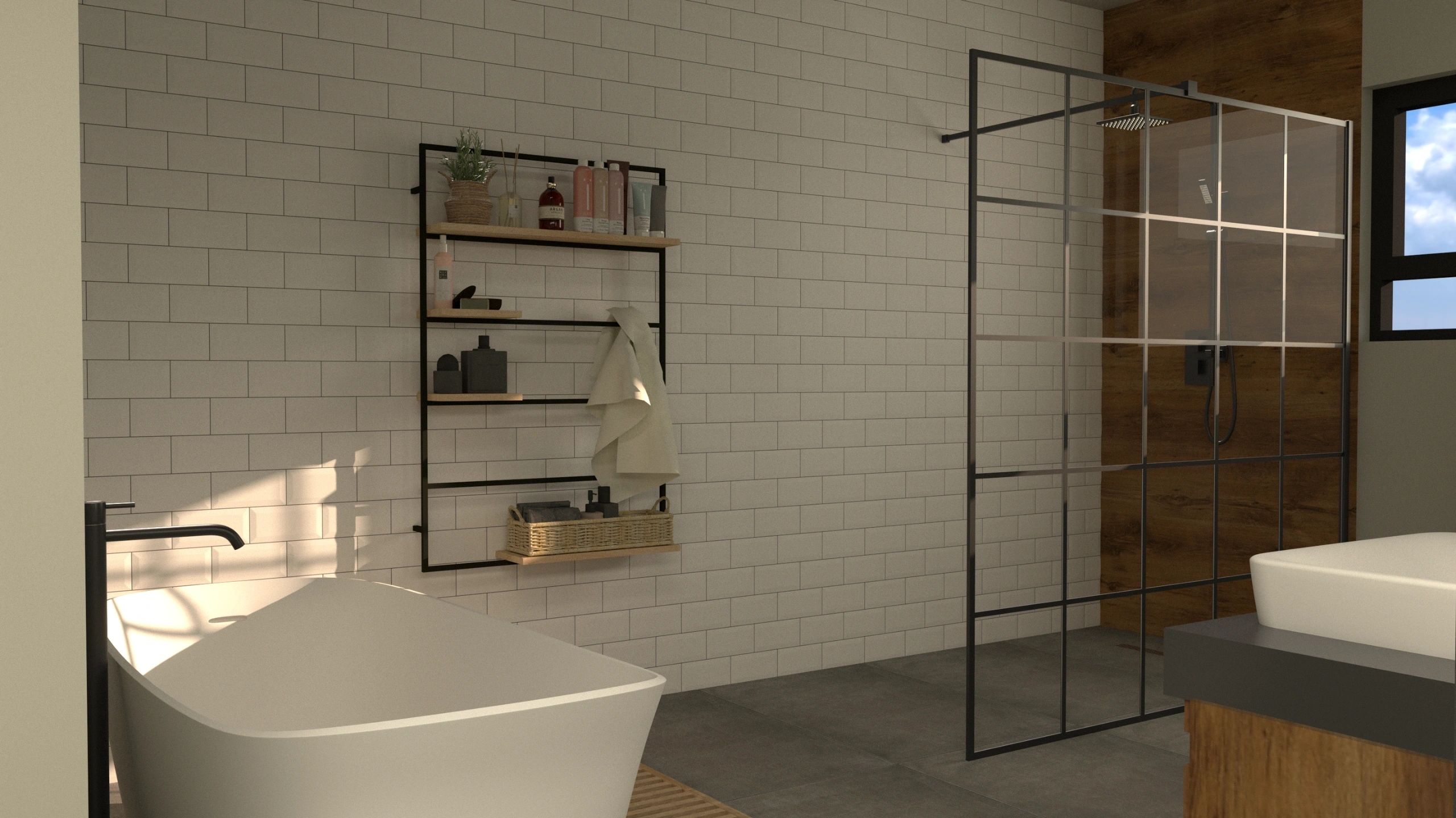 A freestanding bath, warm wood and clean tile lines set the direction for this bathroom concept.