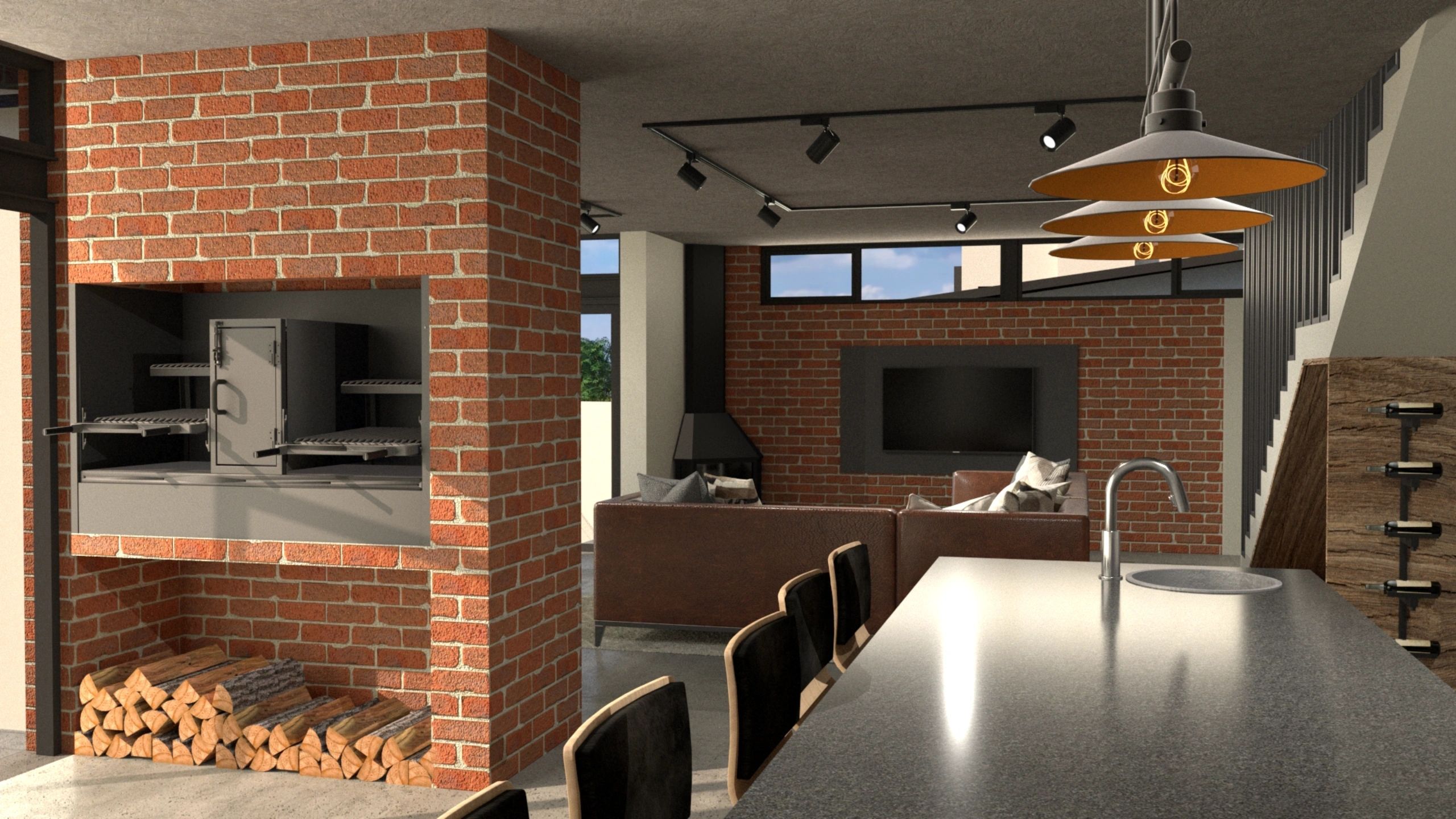 A boma concept explores a social space with a fireplace, generous counter and layered lighting.