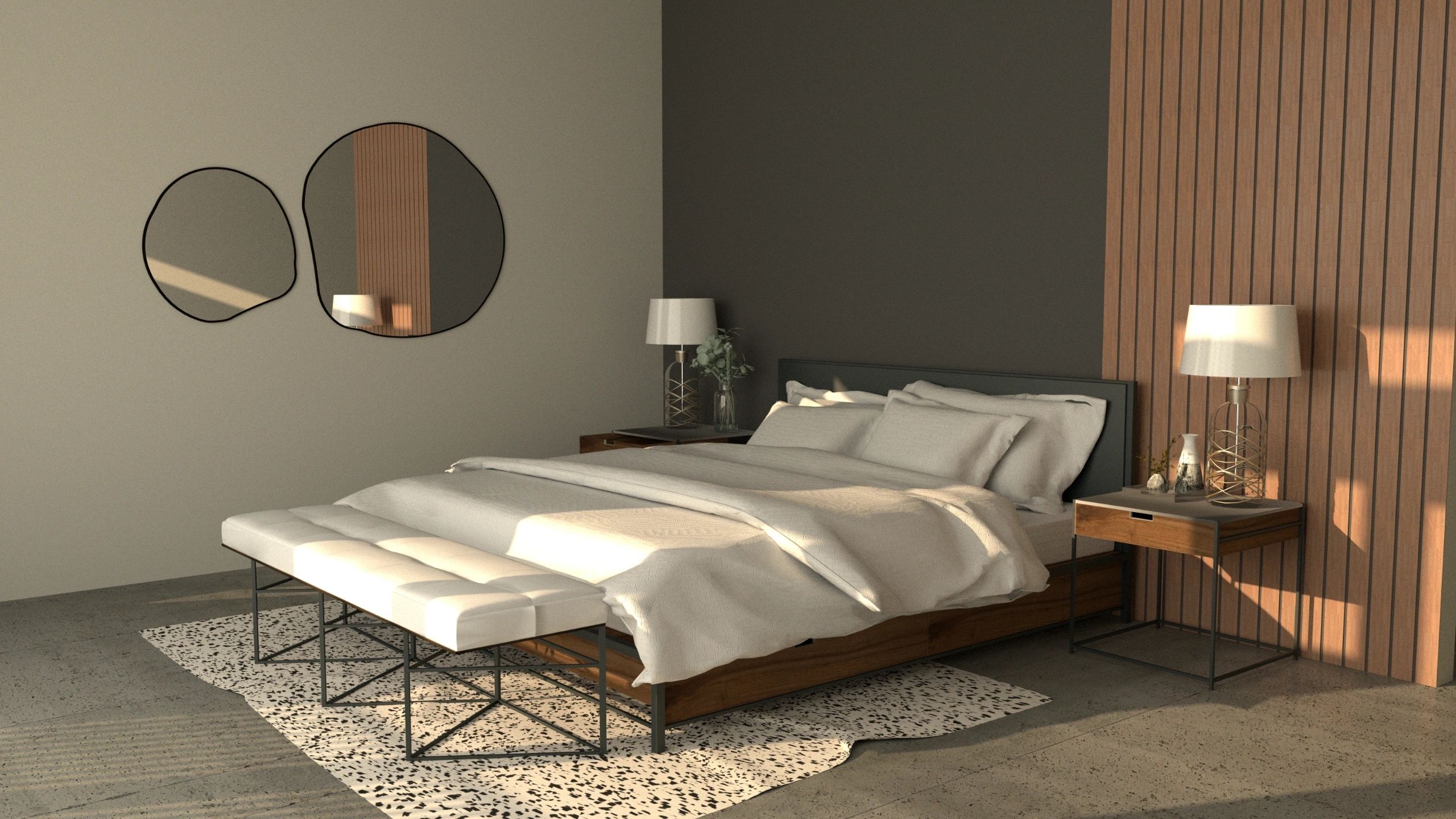 A bedroom concept combines timber detailing, pendant lights and a restful palette.