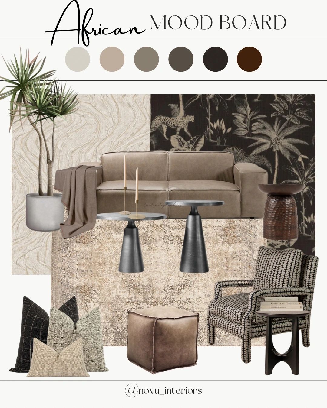 An African-inspired moodboard explores natural textures, a restrained palette and expressive accents.