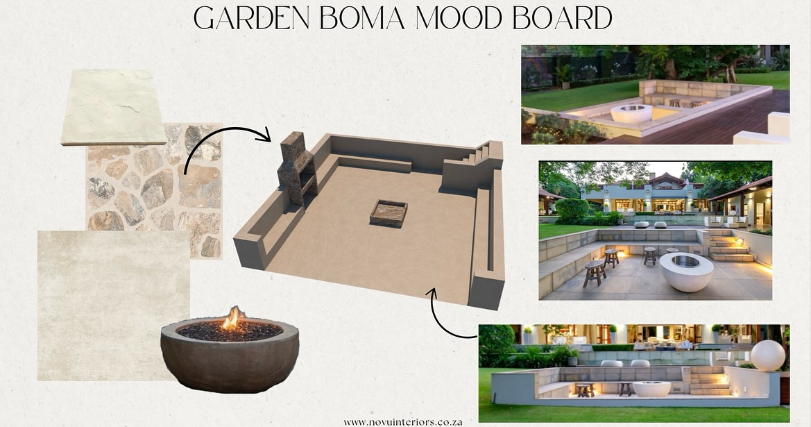 Moodboards, 3D renders and curated tile and finish samples for a main bathroom, guest bathroom and boma area.